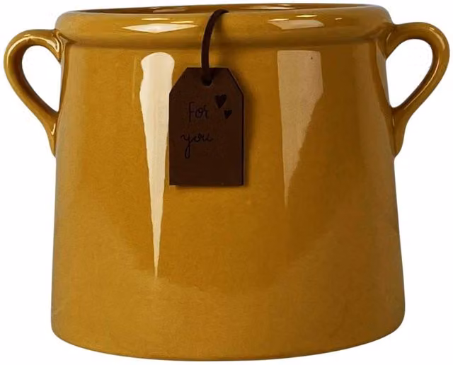 Four Candle Burnt Yellow Ceramic Round Pot Vase with Twin Handles, Height: 15 cm