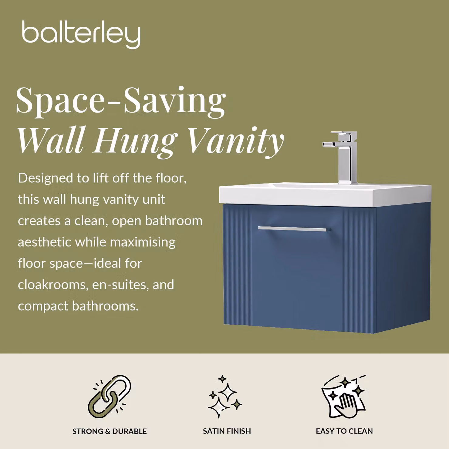Balterley Wall Hung 1 Drawer Vanity Unit with Mid-Edge Basin, Satin Blue – 2