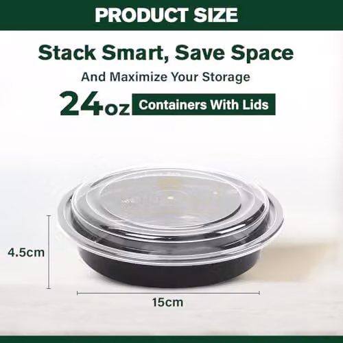 ECONX 30 Pack Black Round Plastic Meal Prep Containers with Airtight Lids, 24oz, BPA Free – 3