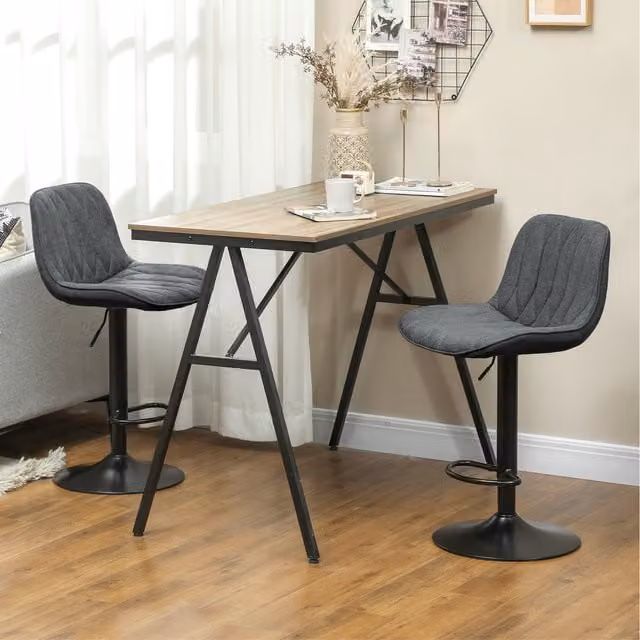 HOMCOM Set of 2 Adjustable Height Swivel Bar Stools in Grey Fabric and Metal