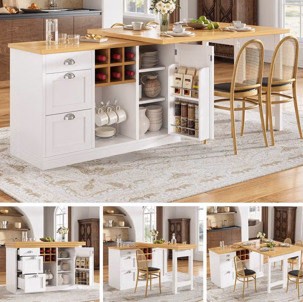 STILVORA Extendable Dining Table with 3 Drawers and Wine Rack in White – 4