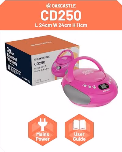 Oakcastle CD250 Portable Bluetooth CD Boombox with FM Radio in Pink – 5