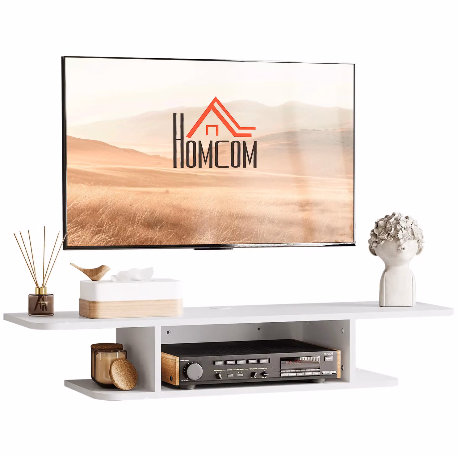 HOMCOM Modern Wall Mounted White Media Console with Storage Shelves – 2