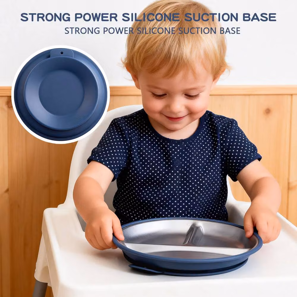 Greentainer 3-Piece Blue Stainless Steel Divided Plate Set with Silicone Suction Base – 4