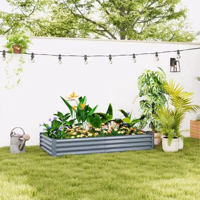 Outsunny Galvanised Steel Raised Garden Bed with Open Bottom, Silver