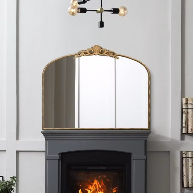 MirrorOutlet Crown Overmantle Arched Wall Mirror with Metal Frame in Gold
