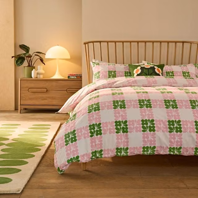 Orla Kiely Floret Check Cotton Duvet Cover Bedding Set in Pink and Green