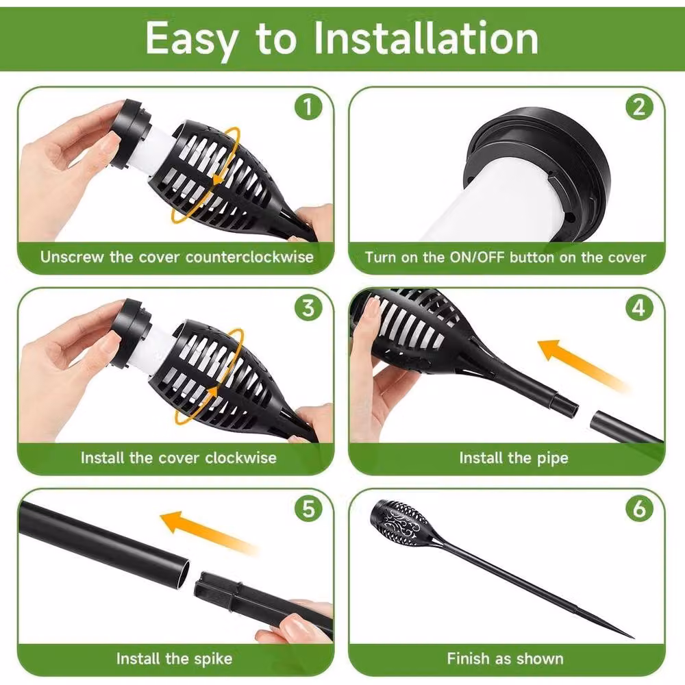 FLAVORA 8-Piece Solar LED Torch Lights with Flickering Flame Effect in Black – 5