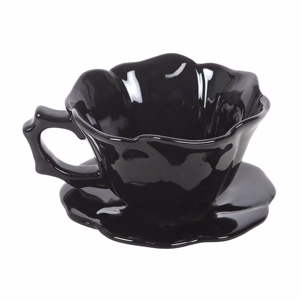 Uniqueful Black Floral Ceramic Teacup and Saucer, 250 ml – 2