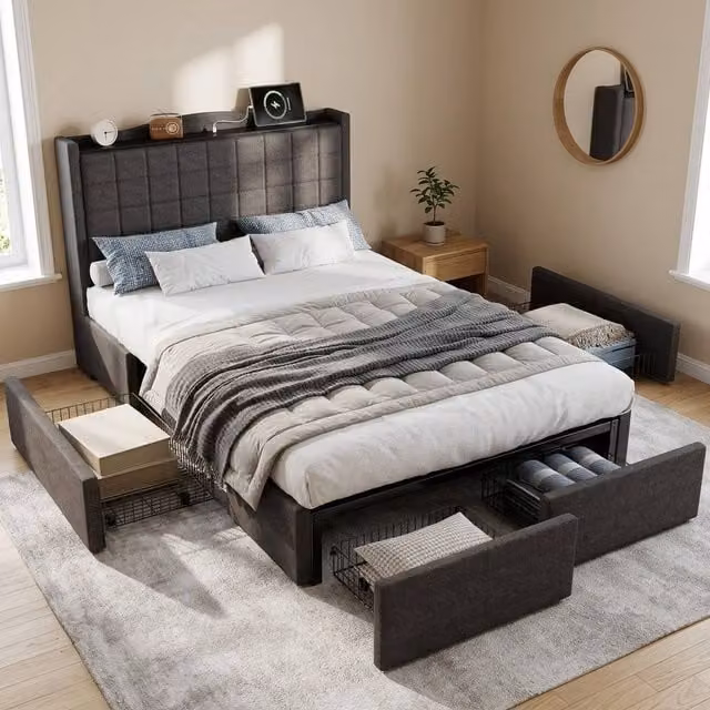STILVORA Double Upholstered Bed with 4 Drawers and USB Charging Port, Grey Linen, W: 140 cm, D: 200 cm, H: 111 cm – 1