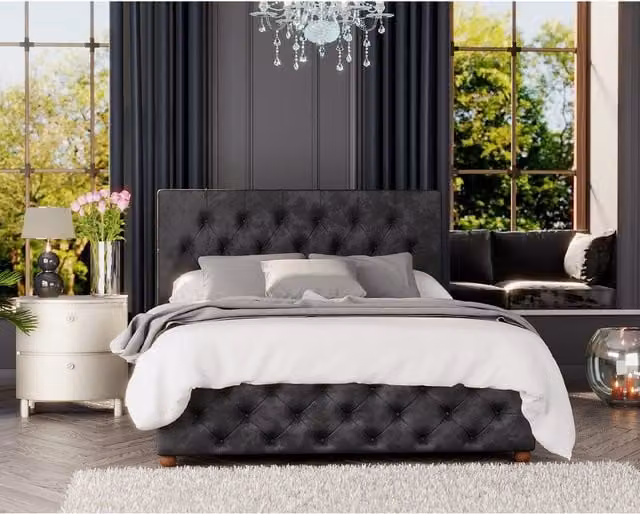 Aspire Luna Ottoman Storage Bed in Black Mirazzi Velvet Fabric, Superking (200 x 200 cm)