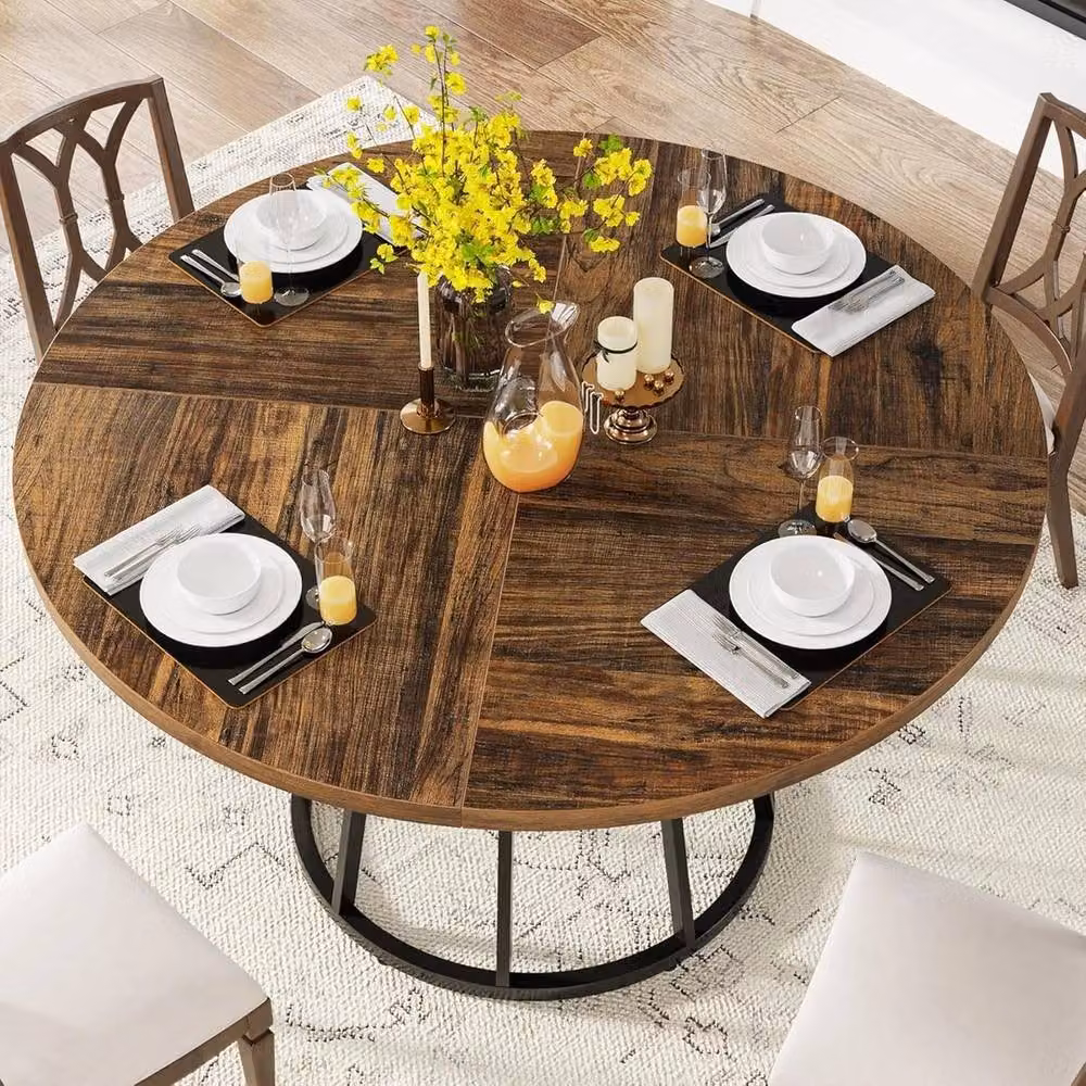 KORVIXA Round Kitchen and Dining Table with Metal Base in Brown – 3