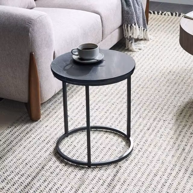 Wyld and Coco Round Marble Top Side Table with Black Powder-Coated Iron Base, Diameter: 40 cm – 1