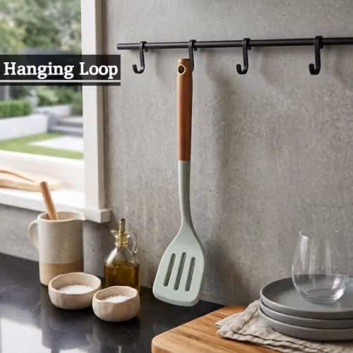 Premier Housewares Sage Green Silicone Slotted Turner with Round Wood Handle – 6