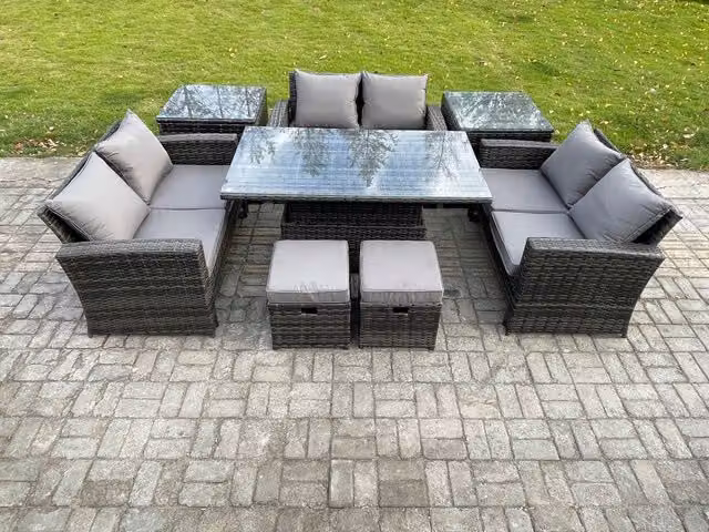 Fimous Wicker PE Rattan Garden Furniture Set with Height Adjustable Rising Lifting Table and Double Seat Sofa in Dark Grey