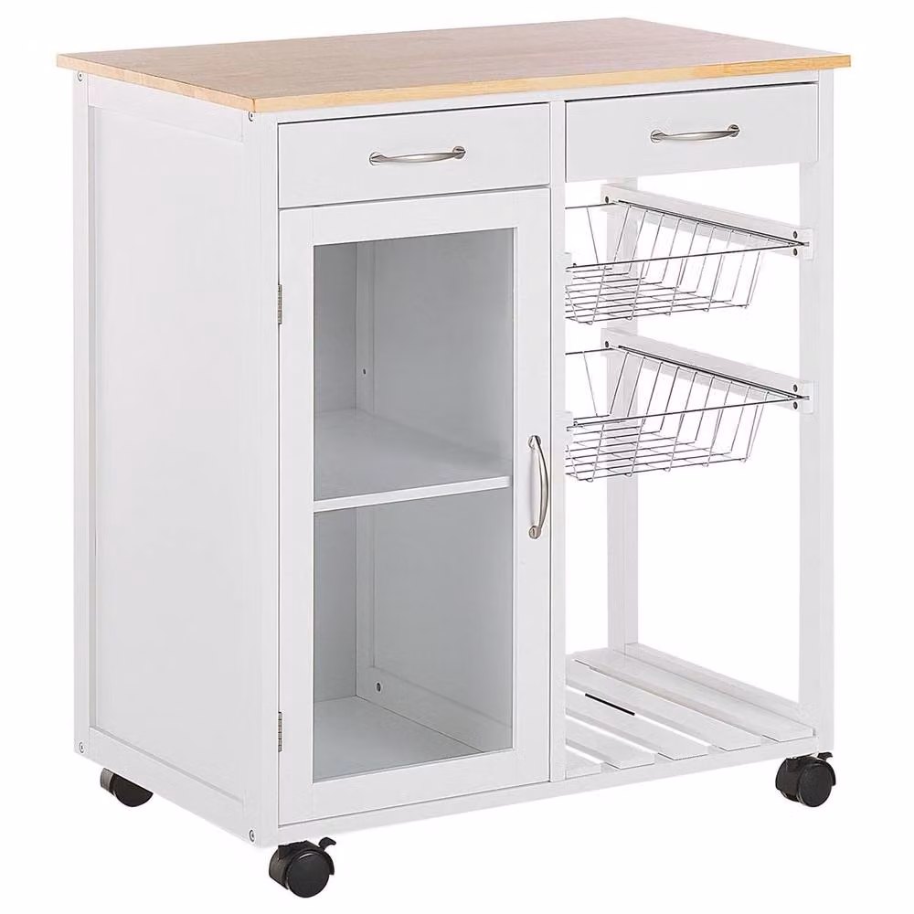 Wyld and Coco White Pine Scandinavian Kitchen Trolley with 2 Drawers, 1 Cabinet and 2 Racks – 2