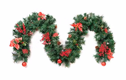 Best Artificial 6ft Red and Green Decorated Christmas Garland with Baubles and Foliage – 1