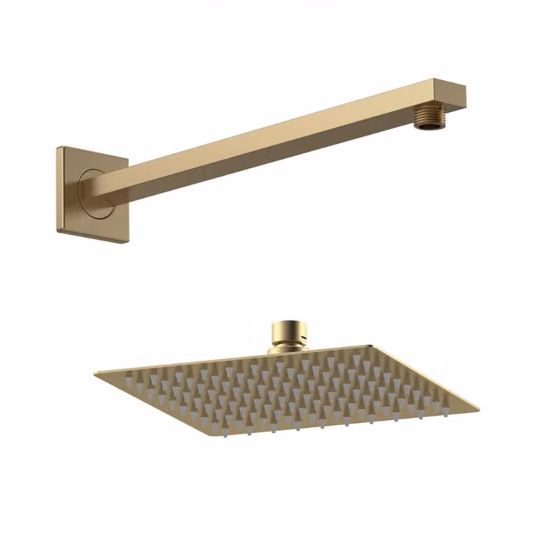 Windon Brushed Brass Square Fixed Overhead Shower Head with Wall Mounted Arm and Anti-Limescale Feature