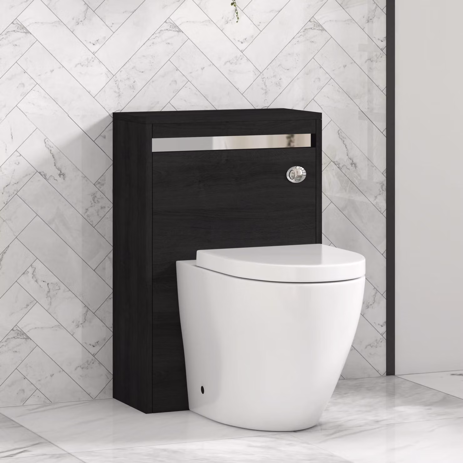 Royal Bathrooms Orion Hale Black BTW WC Unit with Elva Rimless Ceramic Toilet Pan, Seat and Cistern, Chrome Accent Trim, Width: 54 cm