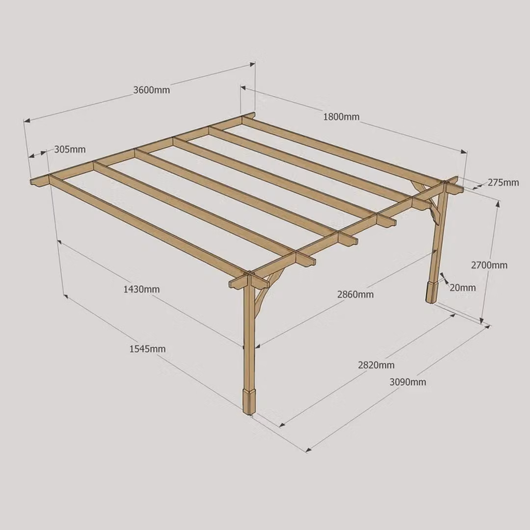Rutland County Garden Furniture Ltd Wall Mounted Premium Lean-to Pergola in Rustic Brown Wood, W: 360 cm, D: 180 cm, H: 270 cm – 5