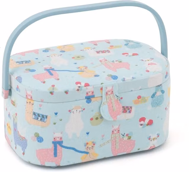 HobbyGift Oval Sewing Box in Teal with Knit Alpacas Pattern