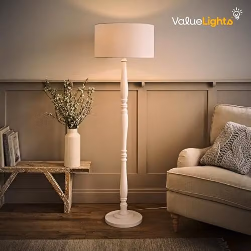 ValueLights Traditional White Wood Candlestick Floor Lamp with Black Fabric Drum Shade and LED Bulb, H 155 cm x W 45 cm x D 45 cm – 2