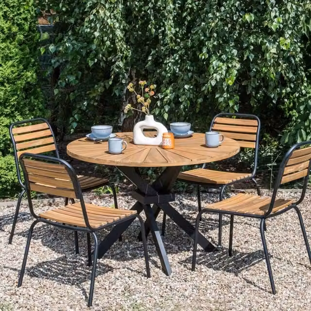 Wyld Haus Garden Dining Table with Round Acacia Wood Top and Black Metal Base in Brown, Diameter: 110 cm – 1