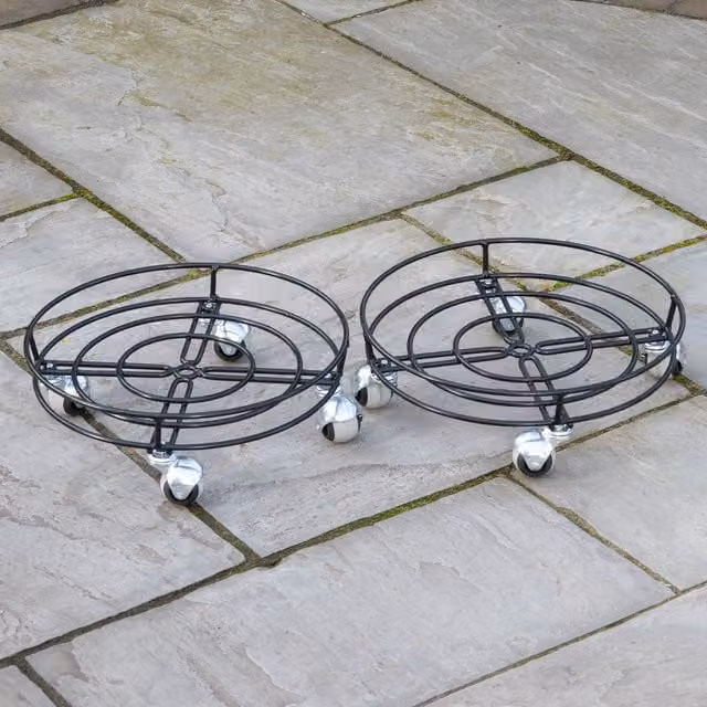 Samuel Alexander Pack of 2 Black Metal Heavy Duty Plant Pot Trolleys with Castor Wheels, Diameter: 37 cm
