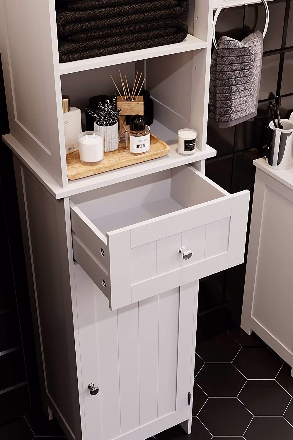 HD Designs Priano White Mirrored Bathroom Tall Cabinet with 2 Doors, 1 Drawer and Internal Shelves, H: 190 cm, W: 35 cm – 5