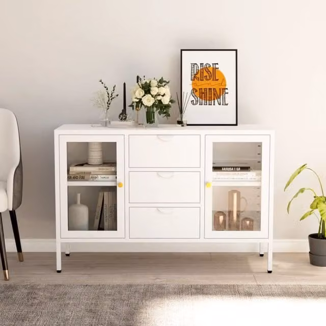 Berkfield Home White Sideboard with Steel and Tempered Glass, W/D/H: 105 x 35 x 70 cm – 1