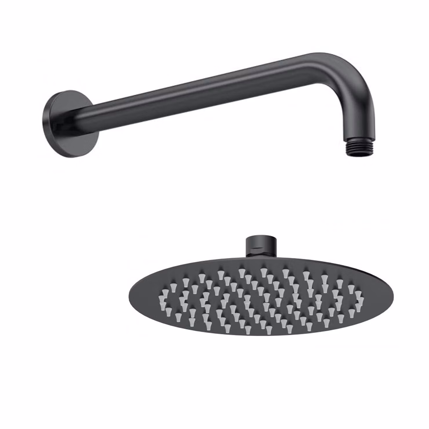 Royal Bathrooms Windon Round Matt Black Fixed Overhead Shower Head with Wall Mounted Arm and Anti-Limescale Feature, Diameter: 200 mm