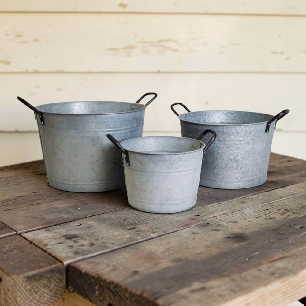 Four Candle Set of 3 Vintage Galvanised Steel Tub Buckets with Handles in Grey – 2
