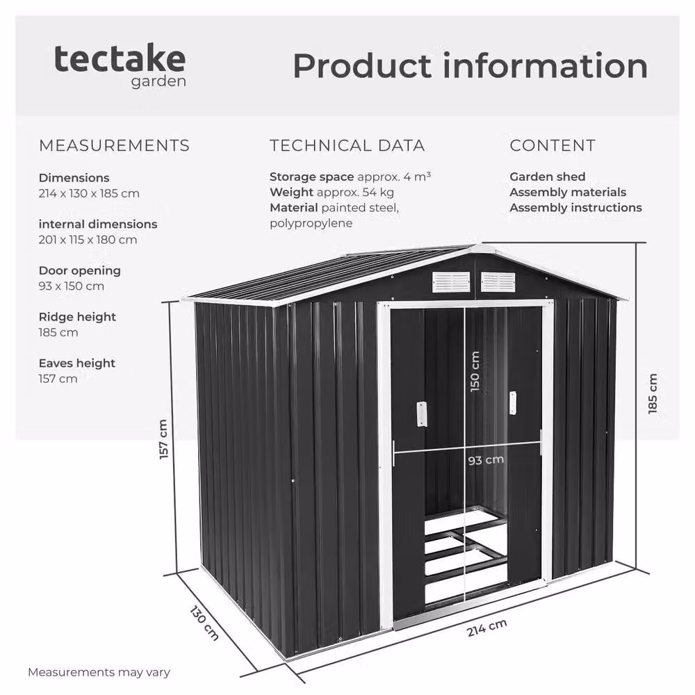 tectake Steel Gable Roof Shed with Sliding Doors in Anthracite, W/D/H: 214 x 130 x 185 cm – 6