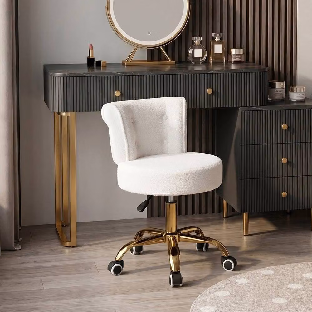 SPETLEK Adjustable Teddy Fleece Swivel Vanity Stool in White and Gold – 4