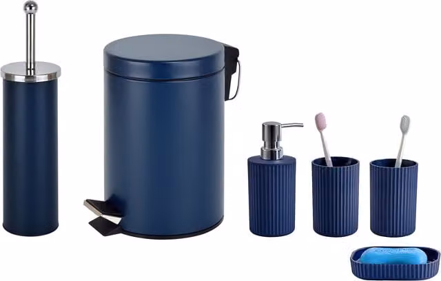 Innoteck 6 Piece Blue Bathroom Set with 3L Bin, Toilet Brush, Tumblers, Soap Dish, Soap Dispenser and Toothbrush Holder