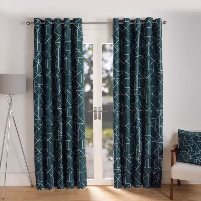 OHS Mason Geo Blackout Eyelet Curtains in Petrol Green, Width: 228.6 cm, Height: 228.6 cm