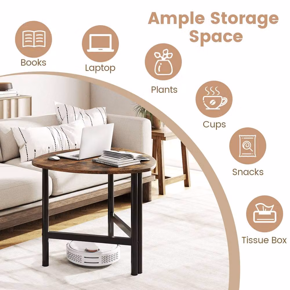 Costway Industrial Round Wooden Coffee Table and Sofa Side Table in Brown – 4