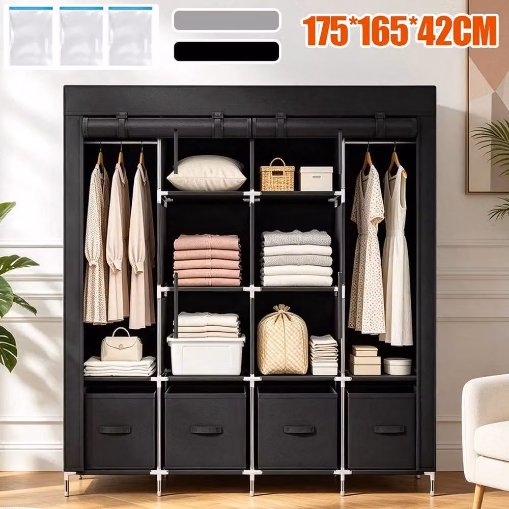 FORGEVIO Black Large Modern Freestanding Wardrobe with Roll Shutter Doors and Internal Drawers – 3