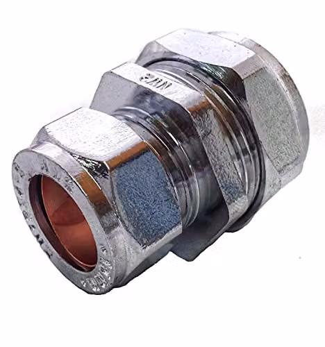 PrimaPlus Chrome Compression Reducing Coupling, Silver Brass Fitting, 22mm x 15mm
