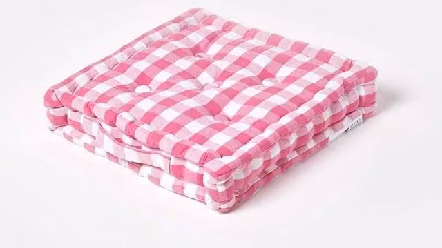 Homescapes Pink and White Gingham Block Check Cotton Floor Cushion, W/D/H: 50 x 50 x 10 cm