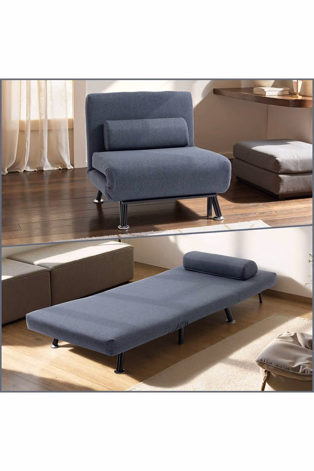 ERGOVEXA 3-in-1 Convertible Single Sofa Chair Bed in Grey Linen Fabric with Metal Frame – 4
