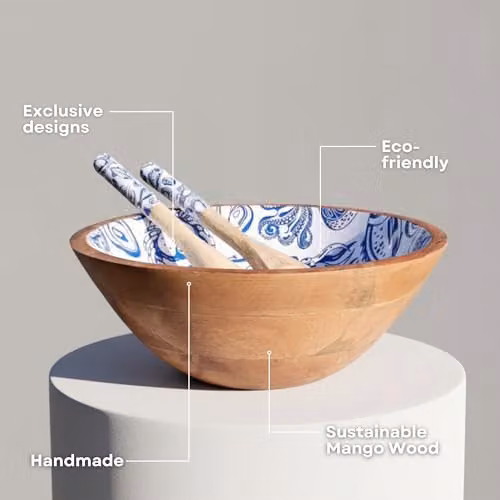 Hartsmede Handmade Mango Wood Salad Bowl Set with Spoons, Ocean Pattern Blue, Diameter: 30.48 cm – 2