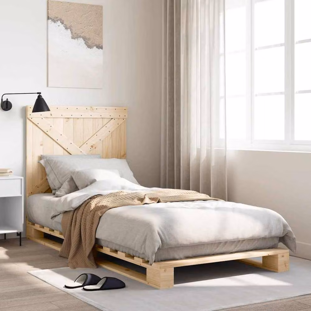 Berkfield Home Beautiful Bed Frame with Headboard in Beige Solid Pine, W/D/H: 90 x 200 x 104 cm – 2