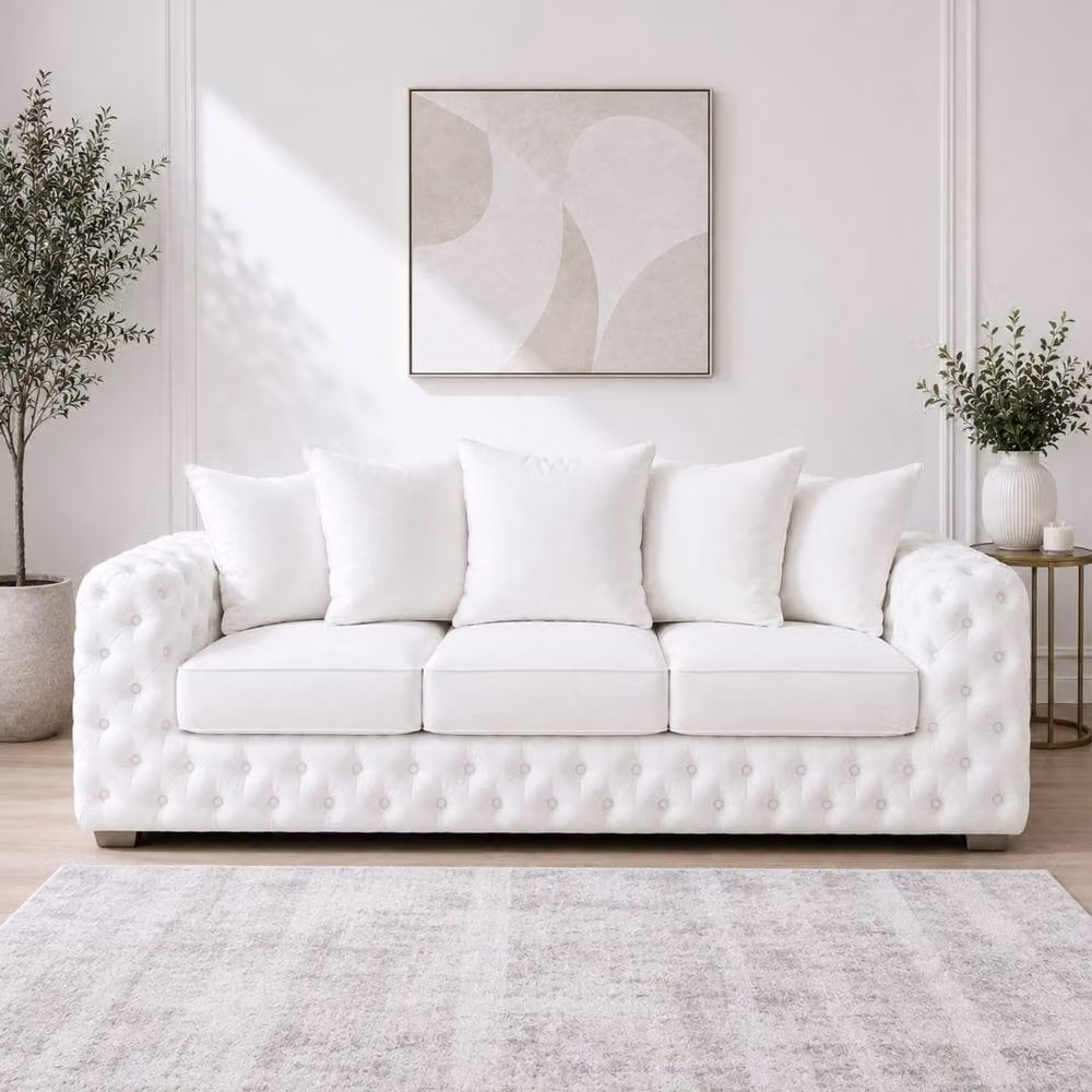 Stratus Interiors Ashley Scatter Back Chesterfield Fabric Sofa 2 and 3 Seater Set in White – 2