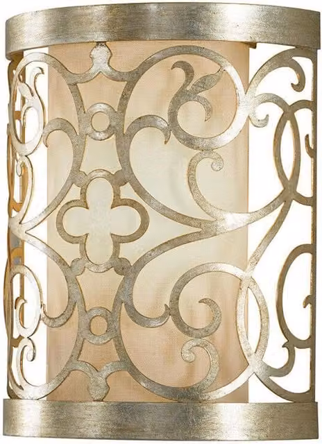 Loops Silver Leaf Patina Wall Light with Ivory Linen Shade and Laser Cut Scrolls, E14 LED Compatible