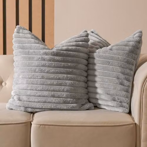 OHS Pack of 2 Faux Fur Ribbed Square Throw Pillows with Removable Covers, Grey, W/D/H: 45 x 45 x 45 cm – 2