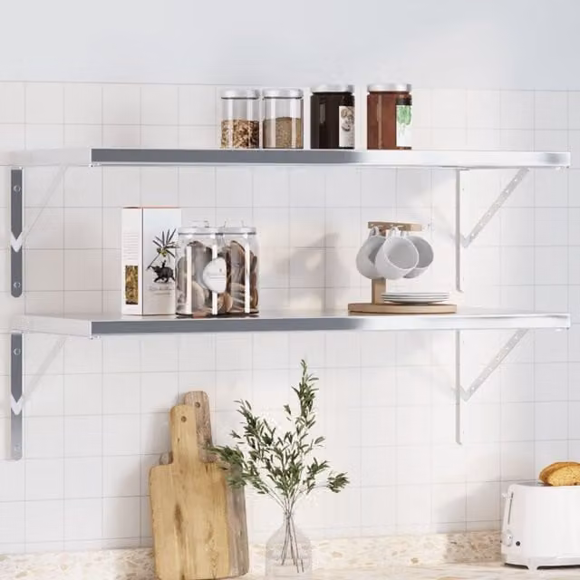 Berkfield Home Wall Mounted Shelf Brackets, 4 Pack, Silver Stainless Steel, W: 40 cm, D: 25 cm, H: 2.5 cm