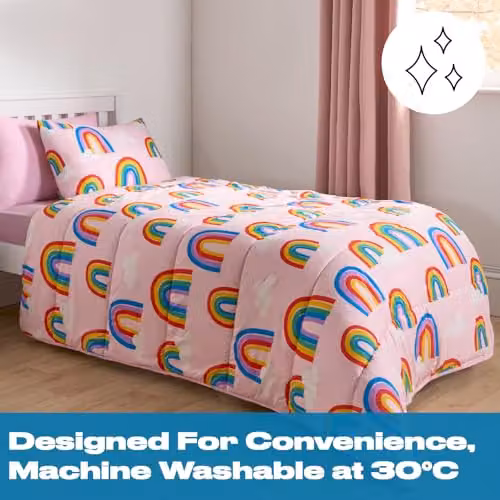 OHS Kids Coverless Duvet and Pillowcase Set, Rainbow Print, Pink, 10.5 Tog, W/D/H: 135 x 200 cm – 2
