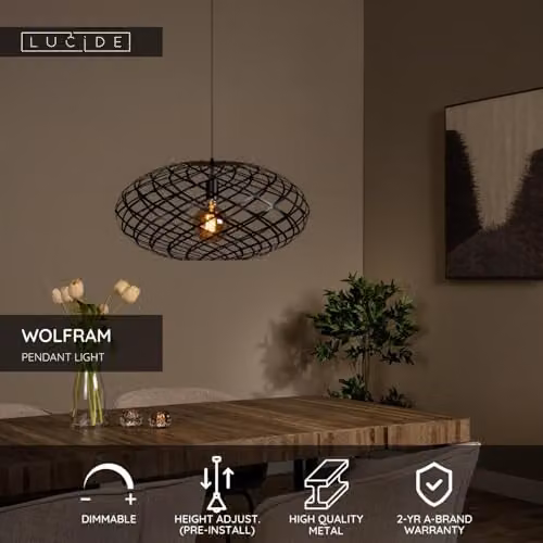 Lucide Wolfram Black Metal Pendant Light, Diameter: 65 cm, E27, Height Adjustable and Dimmable – 2