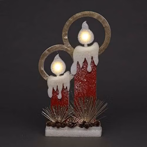 Shatchi Red and Silver Pre-Lit Twin Christmas Candles with Glitter Foam Snow Finish, Height: 31 cm